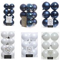 Decoris Kerstversiering kunststof kerstballen mix donkerblauw/winter wit 4-6-8 cm pakket van 68x stuks -