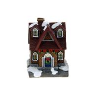 Bellatio 1x Polystone kersthuisjes/kerstdorpje huisjes rood dak met verlichting 13,5 cm -