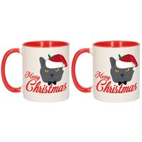 Bellatio Set van 2x stuks Merry Christmas kerstcadeau kerstmokken rood met grijze kat 300 ml -