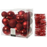 Decoris Kerstversiering kunststof kerstballen 6-8-10 cm met folieslingers pakket rood van 28x stuks -