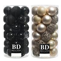 Bellatio 74x stuks kunststof kerstballen mix zwart en parel champagne 6 cm -