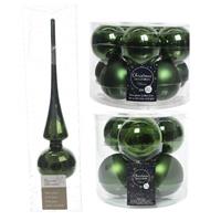 Decoris Glazen kerstballen pakket donkergroen glans/mat 32x stuks inclusief piek glans -
