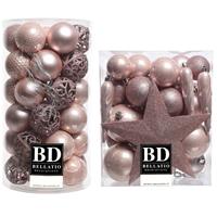 Bellatio 70x stuks kunststof kerstballen met ster piek lichtroze (blush pink) mix -