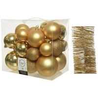 Decoris Kerstversiering kunststof kerstballen 6-8-10 cm met glitter folieslingers pakket goud van 28x stuks -