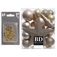 Bellatio 33x stuks kunststof kerstballen 5, 6 en 8 cm parel champagne inclusief ster piek en kerstbalhaakjes -