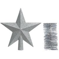 Decoris Kerstversiering kunststof glitter ster piek 19 cm en glitter slingers pakket zilver van 3x stuks -