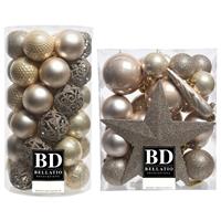 Bellatio 70x stuks kunststof kerstballen met ster piek parel/champagne mix 5, 6 en 8 cm -