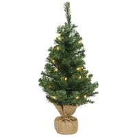 Bellatio Volle mini kerstbomen groen in jute zak met verlichting 90 cm -