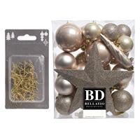Bellatio 33x stuks kunststof kerstballen met ster piek parel/champagne inclusief gouden kerstboomhaakjes -