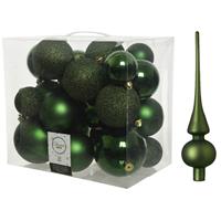 Decoris Kerstversiering kunststof kerstballen met piek donkergroen 6-8-10 cm pakket van 27x stuks -