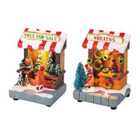 Set van 2x stuks Kerstdorp kerstbomen winkeltje en kransen winkeltje met verlichting 11 cm -