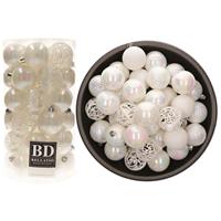Bellatio 74x stuks kunststof kerstballen parelmoer wit 6 cm glans/mat/glitter mix -