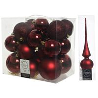 Decoris Kerstversiering kunststof kerstballen met piek donkerrood 6-8-10 cm pakket van 27x stuks -