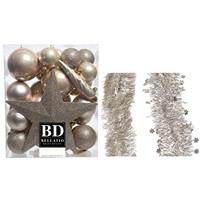 Decoris Kerstversiering kerstballen 5-6-8 cm met ster piek en folieslingers pakket champagne van 35x stuks -