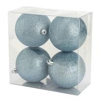 Cosy & Trendy 4x stuks kunststof glitter kerstballen ijsblauw 10 cm -