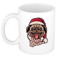 Bellatio Merry Christmas hond kerstmok / kerstbeker wit 300 ml -