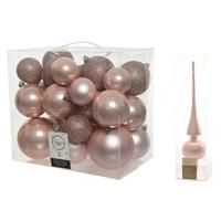 Decoris Kerstversiering kunststof kerstballen met piek lichtroze 6-8-10 cm pakket van 27x stuks -