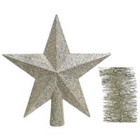 Decoris Kerstversiering kunststof glitter ster piek 19 cm en folieslingers pakket champagne van 3x stuks -