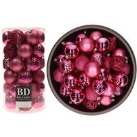 Bellatio 37x stuks kunststof kerstballen fuchsia roze 6 cm glans/mat/glitter mix -