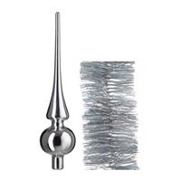 Decoris Kerstversiering glazen piek glans 26 cm en glitter folieslingers pakket zilver van 3x stuks -