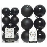 Decoris Set van 16x zwarte kerstballen 4 cm en 6x kerstballen 8 cm kunststof mat/kunststof mat/glans -