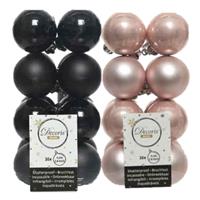 Decoris 32x stuks kunststof kerstballen zwart en lichtroze 4 cm -