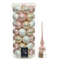 Decoris 49x stuks glazen kerstballen lichtroze/parel/wit 6 cm inclusief lichtroze piek -