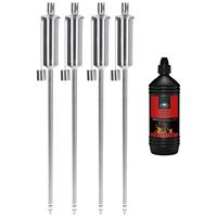 Trendoz 4x stuks Tuinfakkels RVS 115 cm inclusief 1 liter lampenolie/fakkelolie -