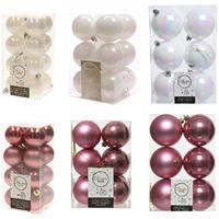 Decoris Kerstversiering kunststof kerstballen mix oud roze/parelmoer wit 4-6-8 cm pakket van 68x stuks -
