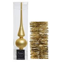 Decoris Kerstversiering glazen piek mat 26 cm en folieslingers pakket goud van 3x stuks -