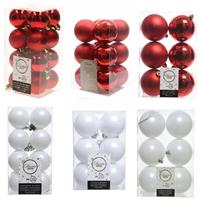 Decoris Kerstversiering kunststof kerstballen mix rood/winter wit 4-6-8 cm pakket van 68x stuks -