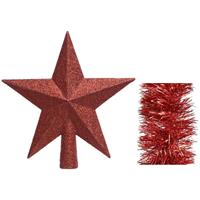 Decoris Kerstversiering kunststof glitter ster piek 19 cm en folieslingers pakket rood van 3x stuks -