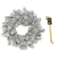 Kunst kerstkrans groen/sneeuw 35 cm met gouden hanger -