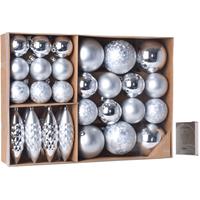 Bellatio Kerstballen/ornamenten pakket 31x zilver kunststof mix incl. 50x ophanghaakjes -