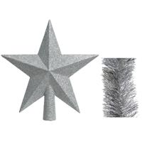 Decoris Kerstversiering kunststof glitter ster piek 19 cm en folieslingers pakket zilver van 3x stuks -