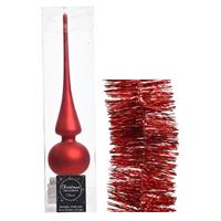 Decoris Kerstversiering glazen piek mat 26 cm en folieslingers pakket rood van 3x stuks -