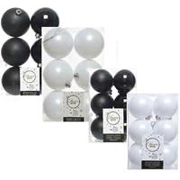 Decoris 36x stuks kunststof kerstballen zwart en wit 6 en 8 cm -