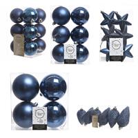 Decoris Kerstversiering kunststof kerstballen donkerblauw 6-8-10 cm pakket van 68x stuks -