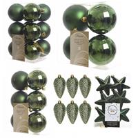 Decoris Kerstversiering kunststof kerstballen donkergroen 6-8-10 cm pakket van 68x stuks -