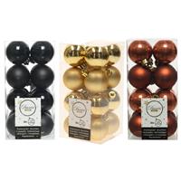 Bellatio 48x Stuks kunststof kerstballen mix zwart/terra bruin/goud 4 cm -