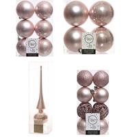 Decoris Kerstversiering kunststof kerstballen met piek lichtroze 6-8-10 cm pakket van 37x stuks -