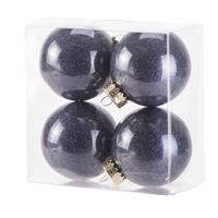 Cosy & Trendy 4x stuks kunststof kerstballen met glitter afwerking donkerblauw 8 cm -