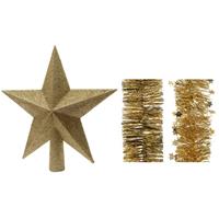 Decoris Kerstversiering kunststof glitter ster piek 19 cm en folieslingers pakket goud van 3x stuks -
