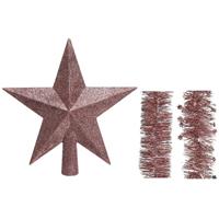 Decoris Kerstversiering kunststof glitter ster piek 19 cm en folieslingers pakket oud roze van 3x stuks -