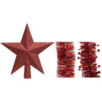 Decoris Kerstversiering kunststof glitter ster piek 19 cm en folieslingers pakket rood van 3x stuks -