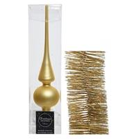 Decoris Kerstversiering glazen piek mat 26 cm en glitter folieslingers pakket goud van 3x stuks -