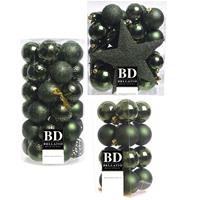 Bellatio 55x stuks kunststof kerstballen met ster piek donkergroen mix -