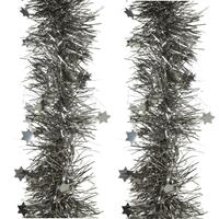 Decoris 2x stuks lametta kerstslingers met sterretjes antraciet (warm grey) 270 x 10 cm -