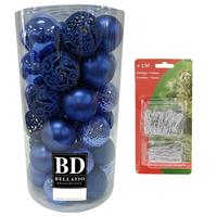 Bellatio 37x stuks kunststof kerstballen kobalt blauw 6 cm inclusief zilveren kerstboomhaakjes -