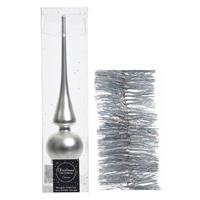 Decoris Kerstversiering glazen piek mat 26 cm en glitter folieslingers pakket zilver van 3x stuks -